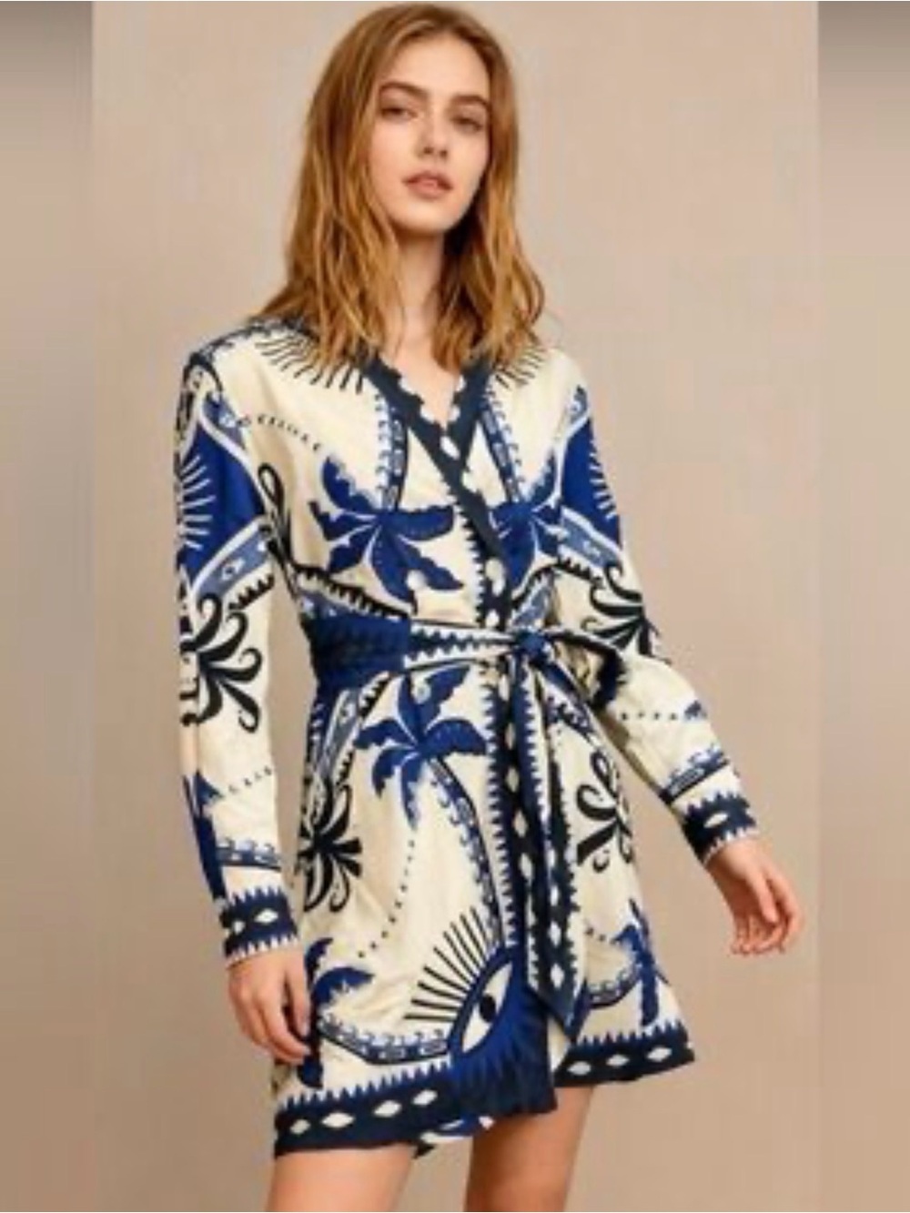 Farm Rio Blue and cream Wrap blazer dress -rare!
